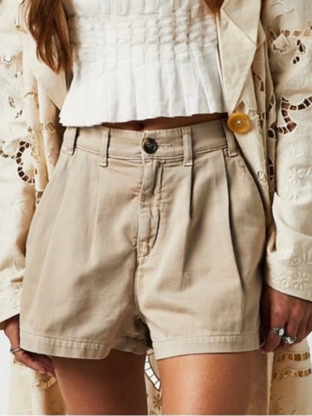 Free People High Waist Pleated Khaki Shorts